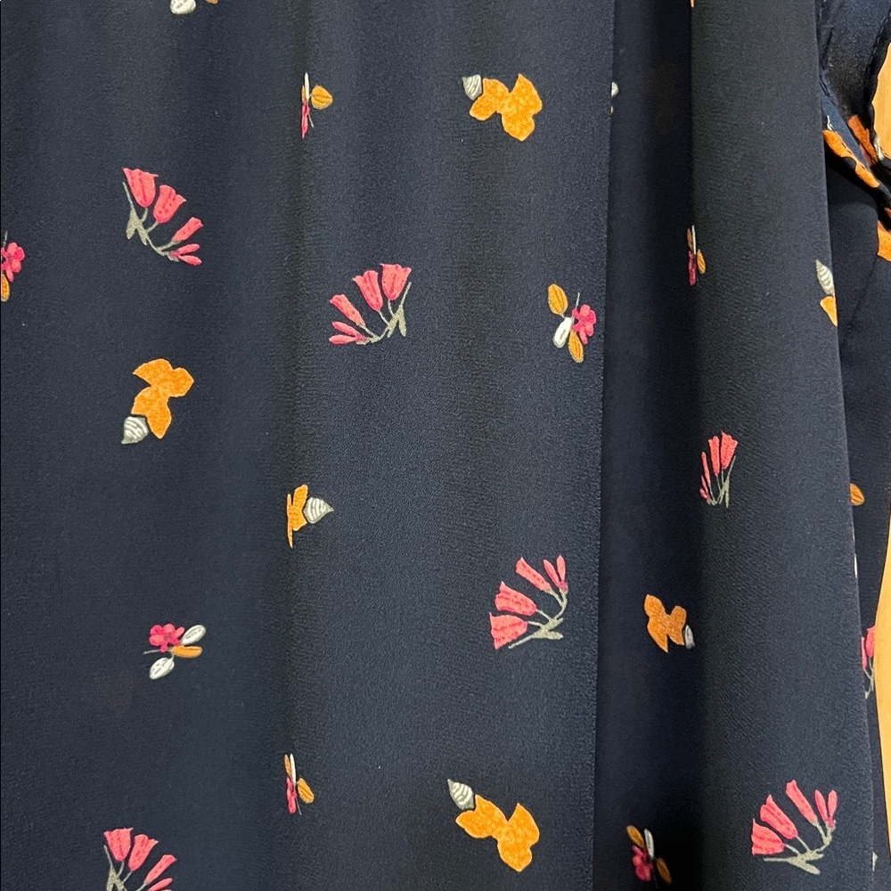 LOFT Sheer Navy Blouse with Orange and Pink Patterns Capped Sleeves Sz L - Picture 2 of 6
